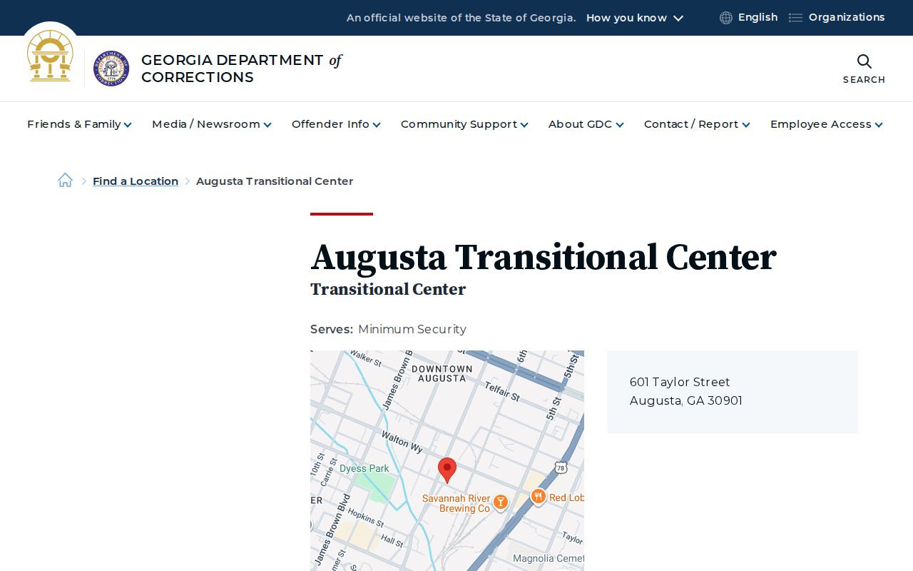 Augusta Transitional Center resident release lookup facility page