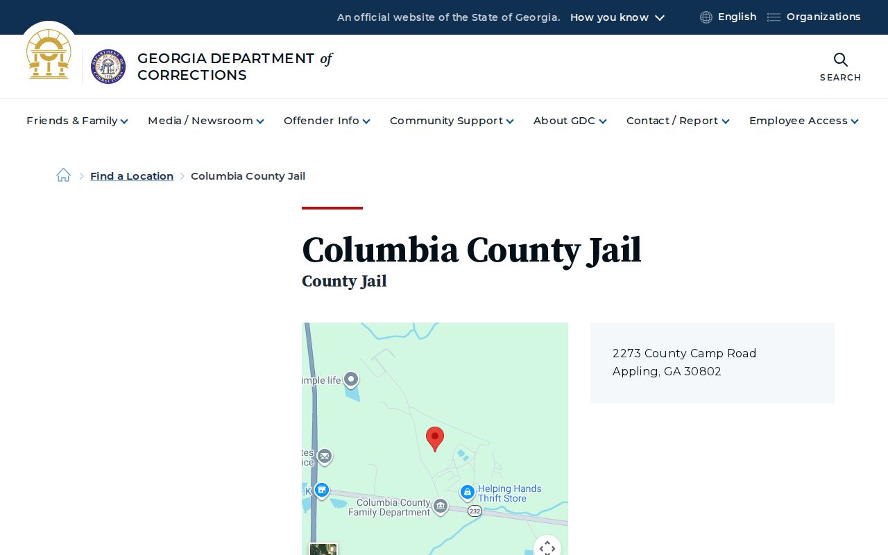 Columbia County Detention Center release records facility listing